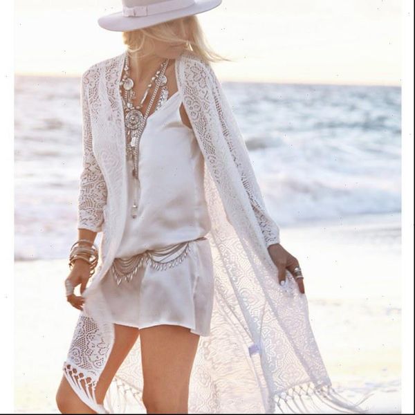 

boho women white tassels beach blouse cover up cape fringe lace kimono cardigan blouses drop shipping