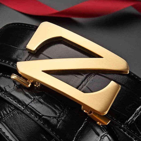 

brand belt men's leather fashion luxury layer pure cow automatic buckle crocodile belt letter korean version high-gr, Black;brown