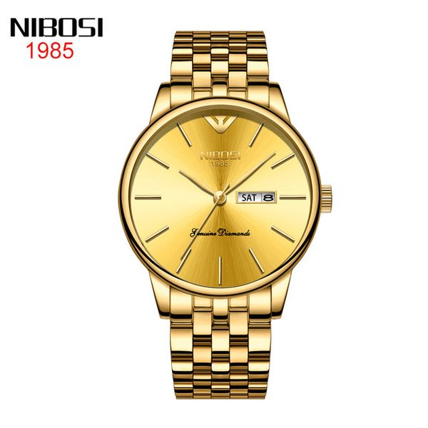 

7 style nibosi gold double calendar solid steel watch butterfly button depth waterproof men's watch wholesale 40mm gold dail, Slivery;brown