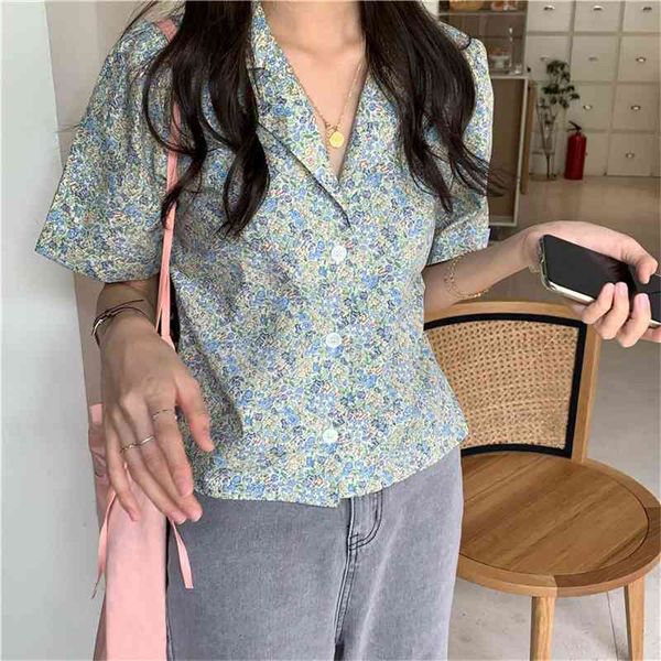 

women's blouses & shirts summer printed florals thin femme vintage prom retro girls short sleeves notched all match office lad, White