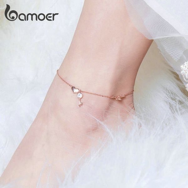 

bamoer love key heart silver anklets women rose gold color chain bracelets for leg foot jewelry femme accessories bst001, Red;blue
