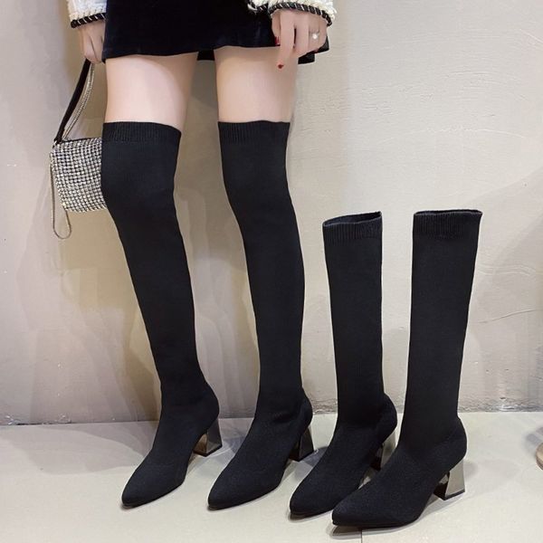 

elastic socks thick heel fall / winter 2020 new tube thin net red fashion knitted knee high boots women's shoes, White;red