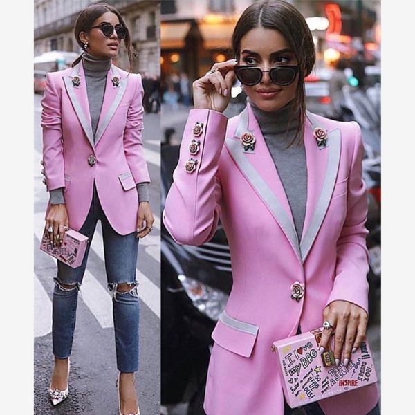 

new high street fashion 2021 designer women's long sleeve floral lining rose buttons pink blazer outer jacket ku10, White;black