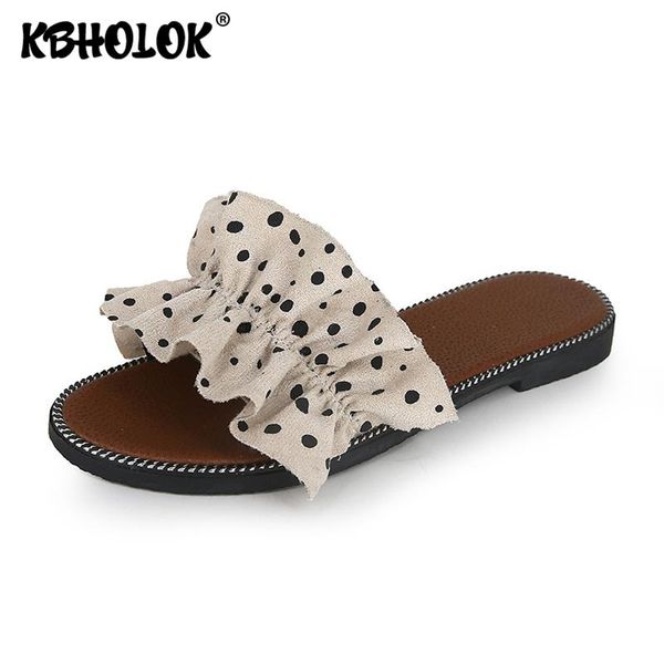 

slippers dot print ruffles women 2021 summer female flip-flops shoes slides low heels mules outside, Black