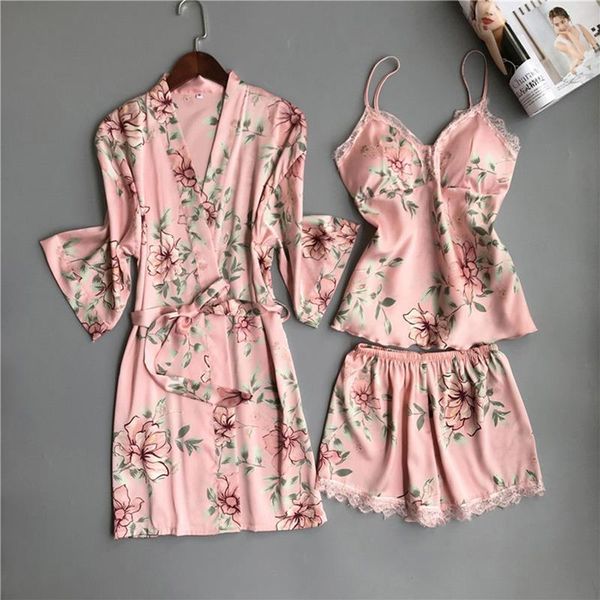

3pcs women floral pajamas sets lace shorts +robe sleepwear sets casual ladies flower homewear summer spring thin set, Black;red