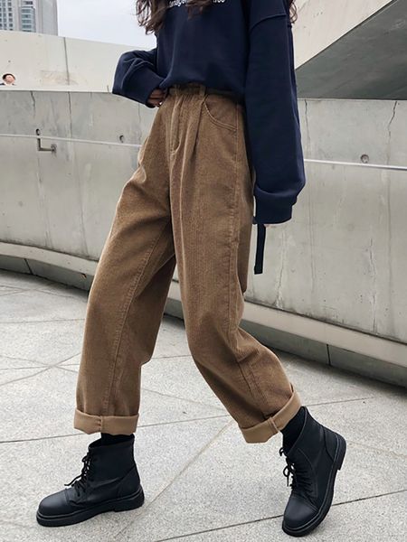 

2021 new women winter autumn high waist straight slim versatile corduroy wide leg female premium casual vintage trouser t0ew, Black;white