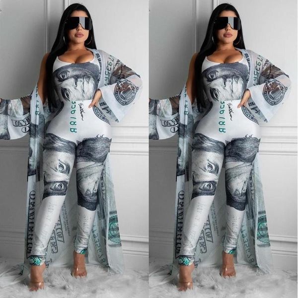 

women's tracksuits 2021 summer women 3 pieces sets bodysuits+pants+coat pcs leggings dollar print suit fitness outfit, Gray