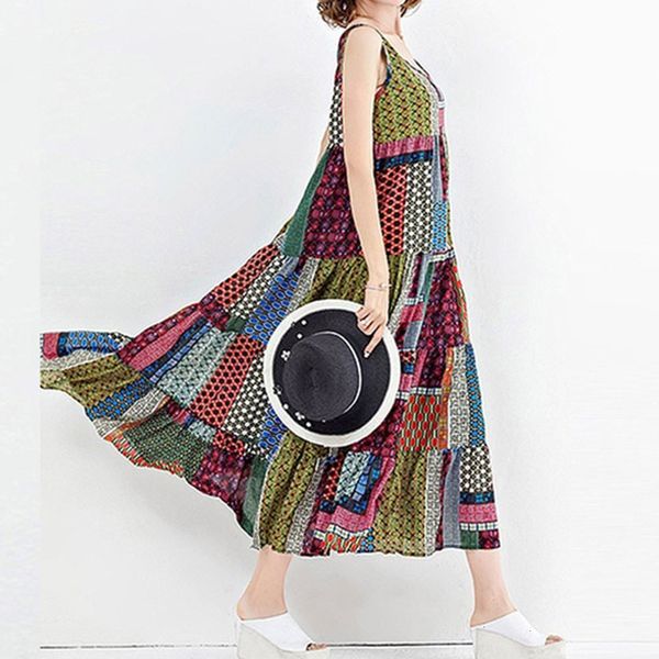 

New 2021 Summer Vintage Pattern Loose Midi Elegant Bohemian Maxi Casual Sleeveless Beach Party Sun OJNR, Black;gray