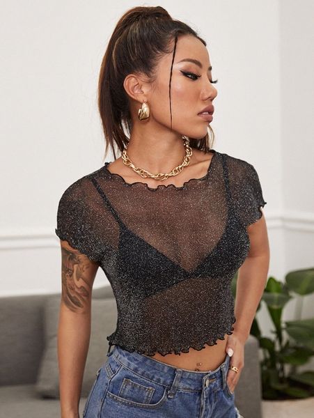 

lettuce edge glitter mesh without bra p8ao#, White