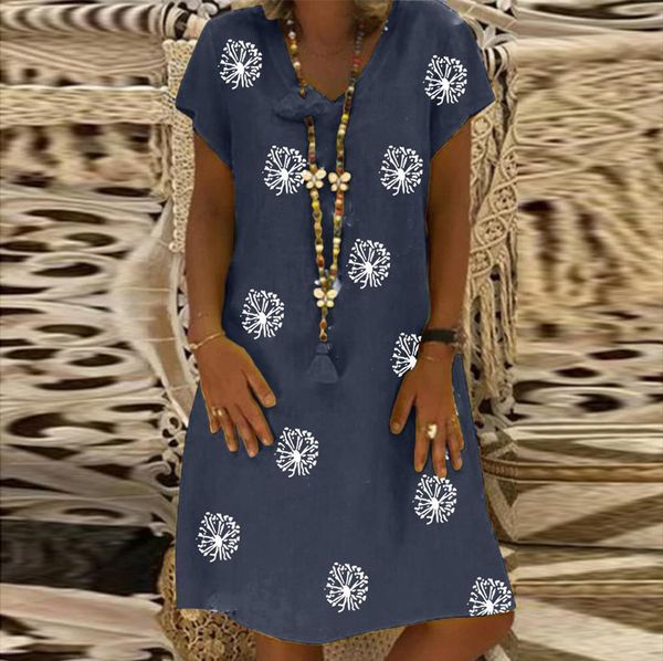 

4 cotton linen womens dresses short sleeve casual plus size floral printed v neck loose mini, Black;gray