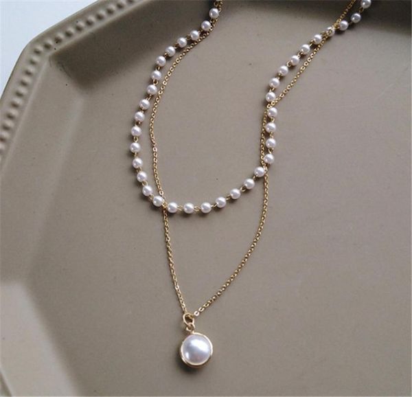 

chains european and american fashion simple chain bead multi-layer necklace pearl pendant, Silver