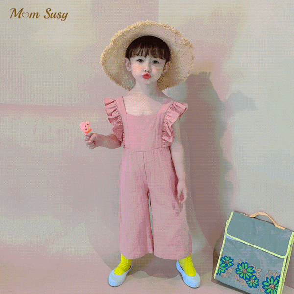 

jumpsuits baby girl princess cotton ruffle jumpsuit summer child overall backless outfit strap pant clothes solid color 3-8y, Blue
