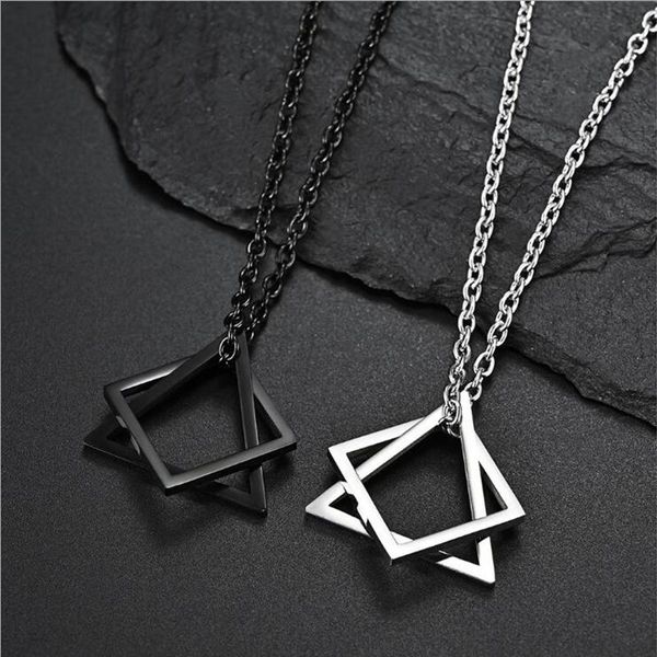 

pendant necklaces hip hop stainless steel geometric necklace for men triangle square interlocking chain street wear rock jewelry, Silver