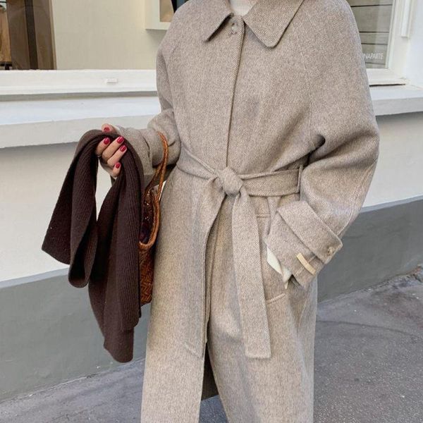 

women's wool & blends women casual turn-down collar loose woolen coats autumn winter thicken warm outwear female blend coat, Black