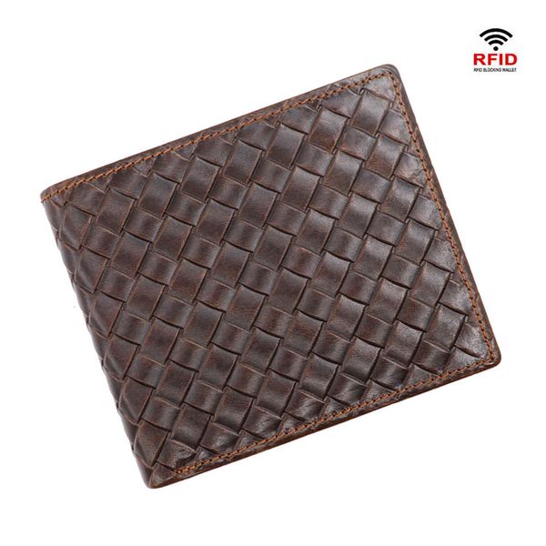 

simple oil wax leather wallet woven 2 fold head leisure card bag for men, Red;black