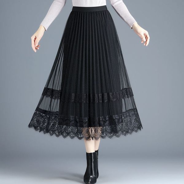

popular length gold velvet on both sides high waist medium mesh autumn winter 2020 new double row lace pleated skirt hot, White;black