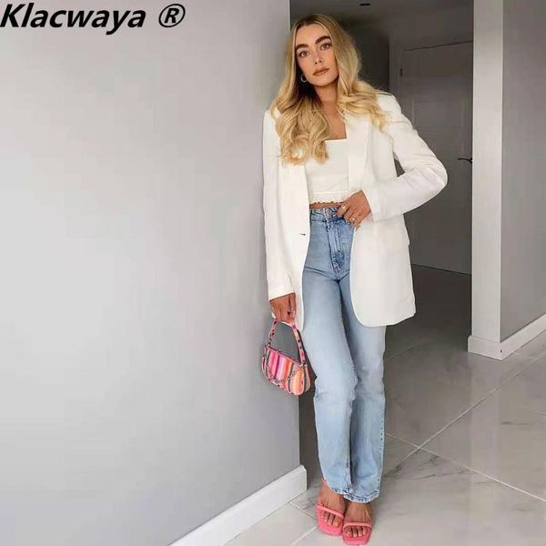 

women's suits & blazers klacwaya women fashion white straight casual blazer coat vintage office female long sleeve turndown pocket coll, White;black