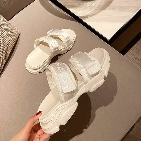 

slippers sandals 2021 summer new women's shoes embroidered muffin beach sandals ins net red same old dad zly, Black