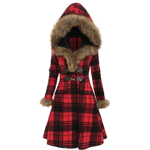 

women's fur & faux 2021 winter women long sleeve casual thicken vintage hooded jacket longline plaid woolen coat trench outerwear 3xl, Black