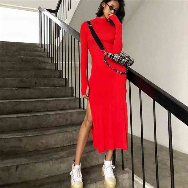 

Womens Dress Kintted Long-sleeved Sexy Round Neck Solid Stretch Long Dresses For Women Slit Midi Party Robe, Black;gray