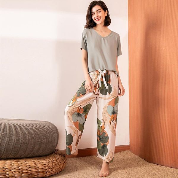 

women leaves print 2 piece pajamas sets v neck short sleeve tshirt pants sleepwear set female summer chic lady home clothes, Black;red