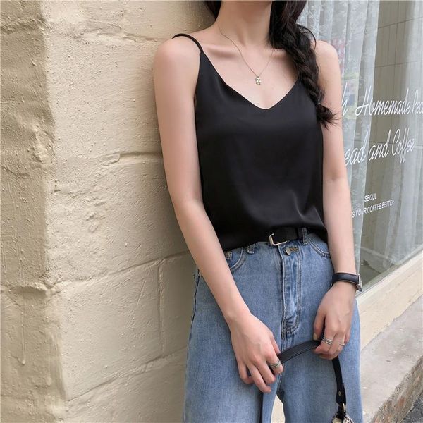 

hsa women summer camisoles strap black khaki solid silk tank one piece female camisoles loose out cami, White