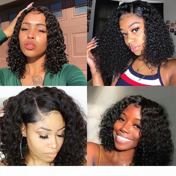 

13x6 short curly wig lace front human hair wigs for women 150% density black full ends deep part brazilian hair bob wig remy, Black;brown
