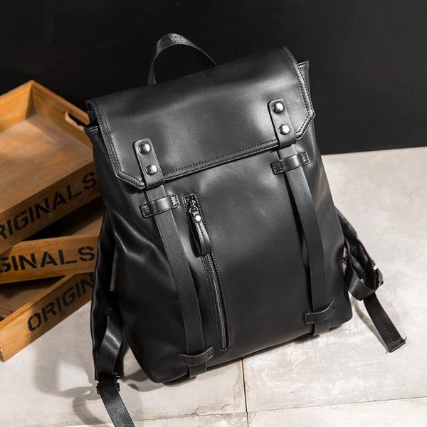 

backpack men's solid black waterproof pu leather backbag school bags boy bookbag business lapbag pack casual travel back