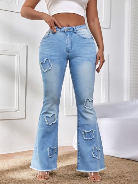 

sxy high waist raw hem flare leg jeans 51iv#, Blue