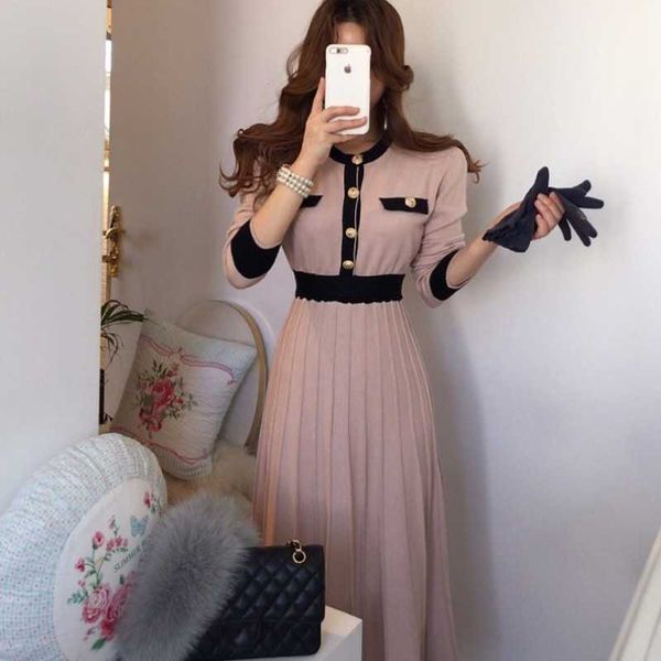 

korean autumn knitted women hit color patchwork full sleeve single-breasted elegant ladies long pleated dress vestidos 210526, Black;gray