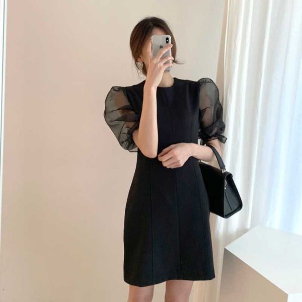 

dresses office lady retro chic korean slim o neck flare short sleeve black organza patchwork chiffon dress women summer fashion 210610, Black;gray