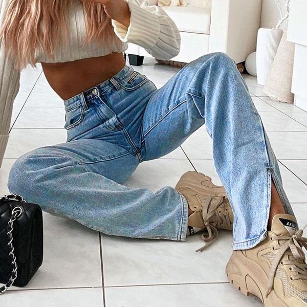

women's jeans women solid streetwear baggy pants pantalons capris casual high waist straight side split blue denim trousers