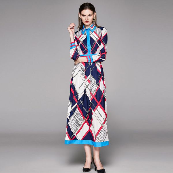 

runway plaid printing design woman's sleeve turn collar vintage elegant size maxi dress sgp9, Black;gray