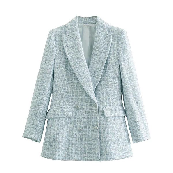 

women's suits & blazers winter 2021 blue tweed blazer women autumn fashion turn-down collar double breasted suit coat female office cas, White;black