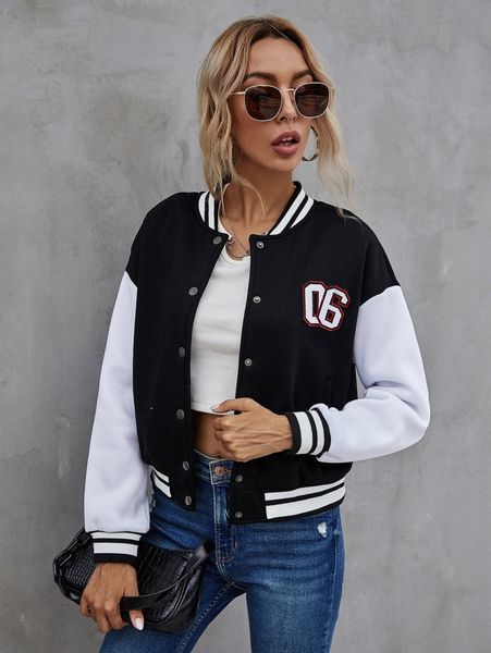 

number patched color block bomber jacket 48lq#, Black;brown