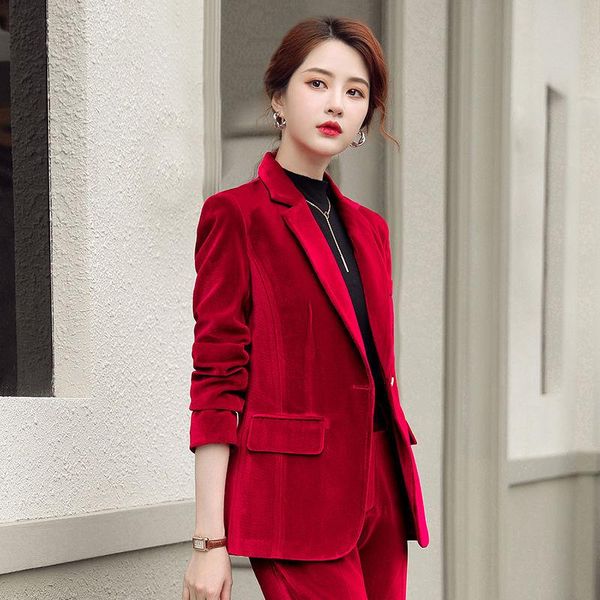 

2021 women autumn winter gold velvet suits female blazer long sleeve button pants suit ladies casual business two piece sets e17, White