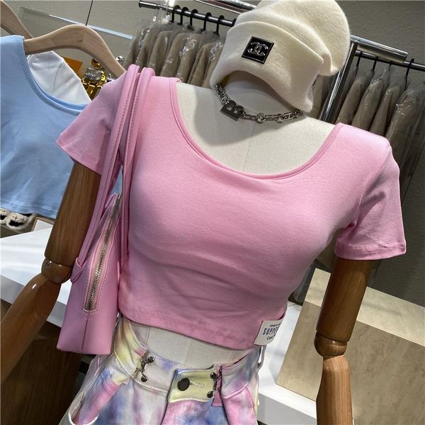 

women's t-shirt niche design u collar short sleeve t shirt 2021 slimming navel cord-exposed chest pad labeled versatile bottom, White