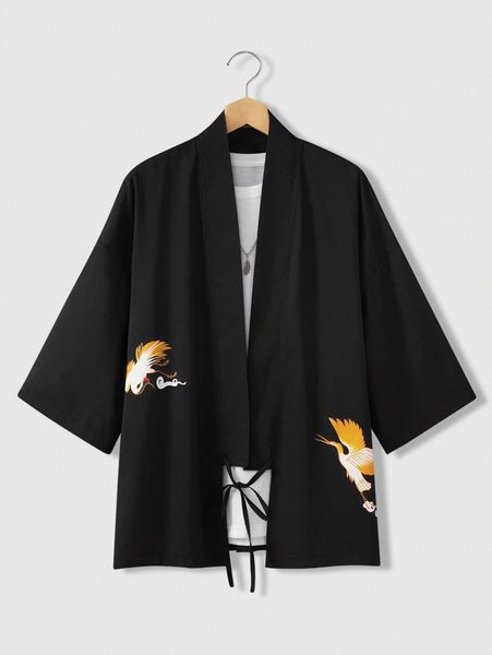 

men crane print drop shoulder knot front kimono without tee 89oe#, White;black