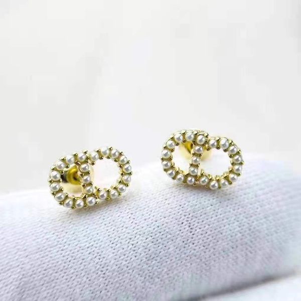 

70% off family classic small pearl light gold letter 925 silver needle earrings dijia front and back, Golden;silver