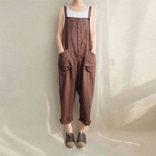 

summer overalls cool cotton womens jumpsuit linen single breasted casual long pants sleeveless jumpsuits pocket rompers 3xl, Black;white