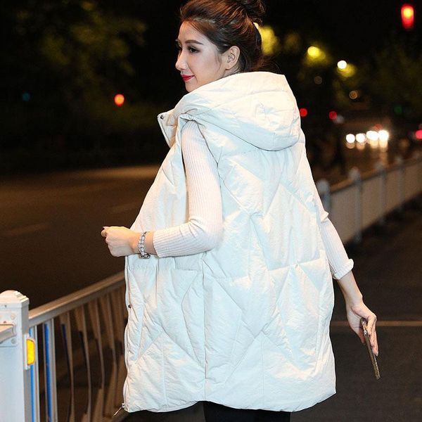 

women's vests winter vest female hooded long black plus size sleeveless jacket solid casual thick cotton padded woman, Black;white