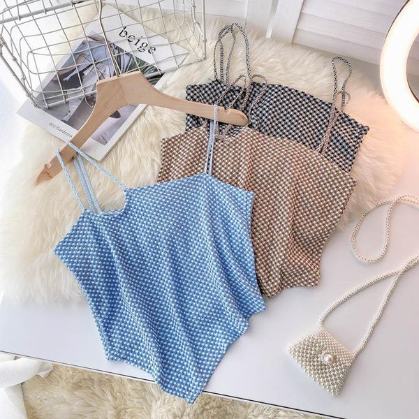 

women's tanks & camis singreiny design irregular strap women sleeveless off shoulder slim y2k 2021 summer retro plaid short camiso, White