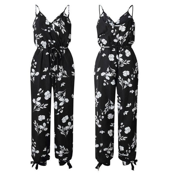 

gym clothing womens summer spaghetti straps floral print jumpsuit deep v-neck wrap front high waist side split rompers drawstring long, White;black