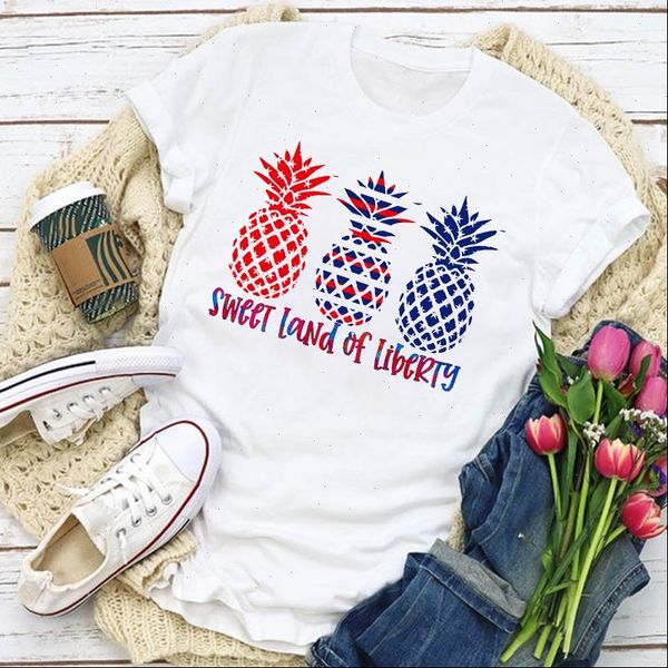 

women graphic usa flag american patriotic pineapple fruit summer t shirt lady womens clothing clothes tee female t shirt, White