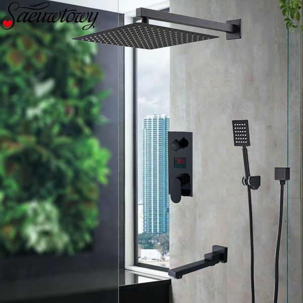 

matte black bathroom shower digital display shower faucet rain concealed with rotatble spout faucet cold and mixer