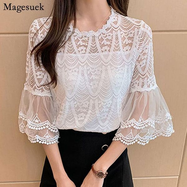 

women's blouses & shirts flare sleeve korean shirt summer sweet hook flower lace blouse with lining hollow casual loose o neck 154, White