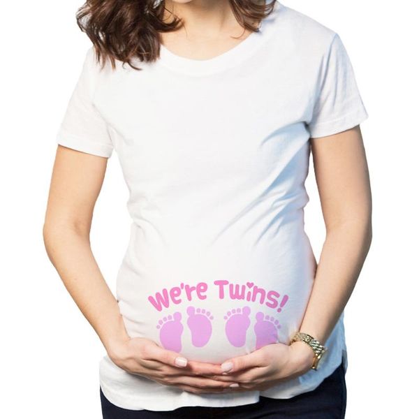 

maternity & tees women fashion we are twins letter printed pregnancy short sleeve t-shirt clothing, White