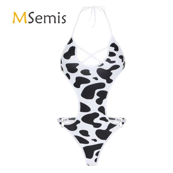 

black&white cow printed hollow out halter neck sleeveless bodysuit lingerie party cosplay costume outfit nightwear for women