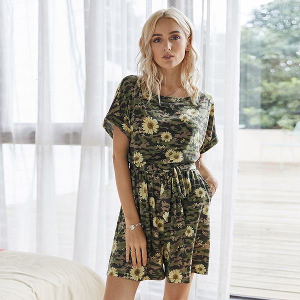 

2021 new summer casual camouflage women lace up loose o neck short sleeve print playsuits yr3s, Black