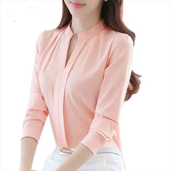

office chiffon plus size women shirts casual summer fashion solid v neck full sleeve female blusas, White